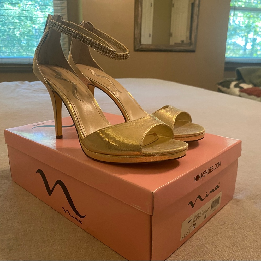 Nina Reiko Shimmering Gold Ankle Strap Heels